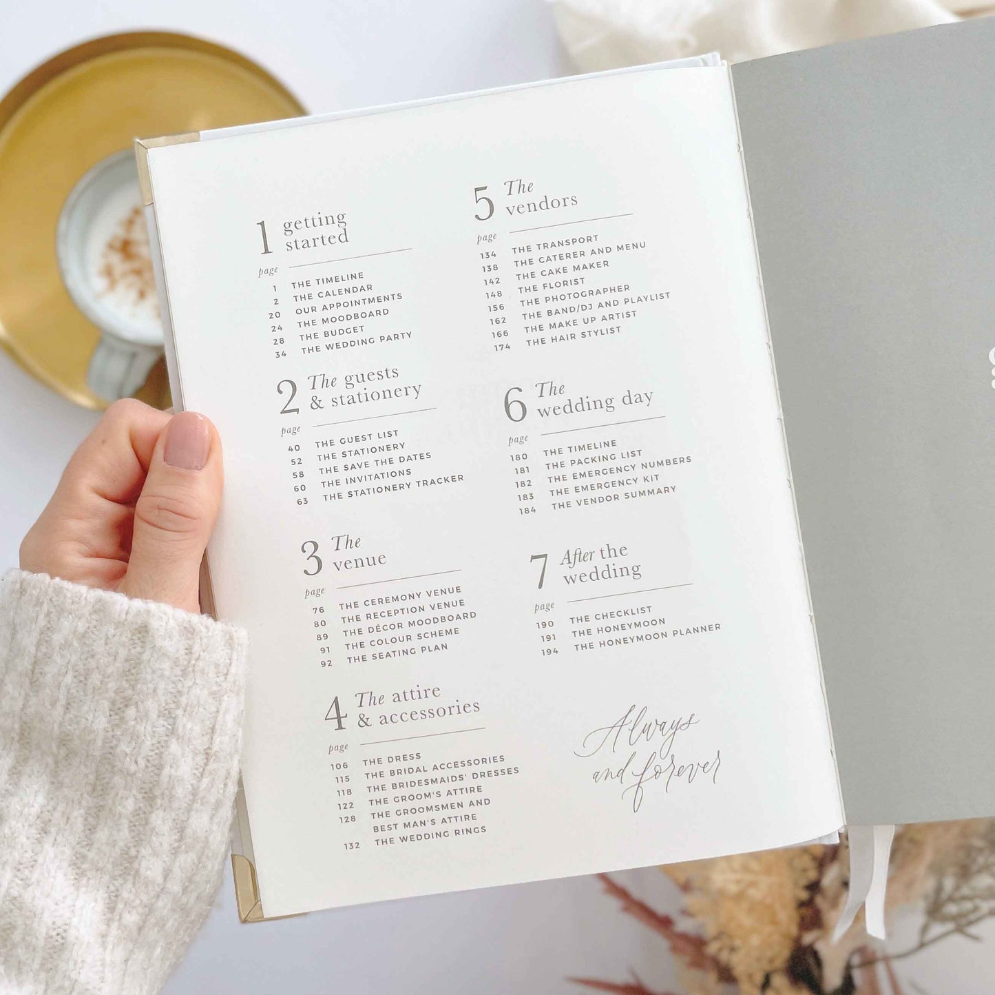 Luxury eucalyptus wedding planner book with gilded edge